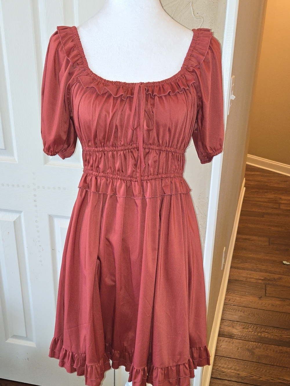 Smocked Waist Mini Dress in Rust Red